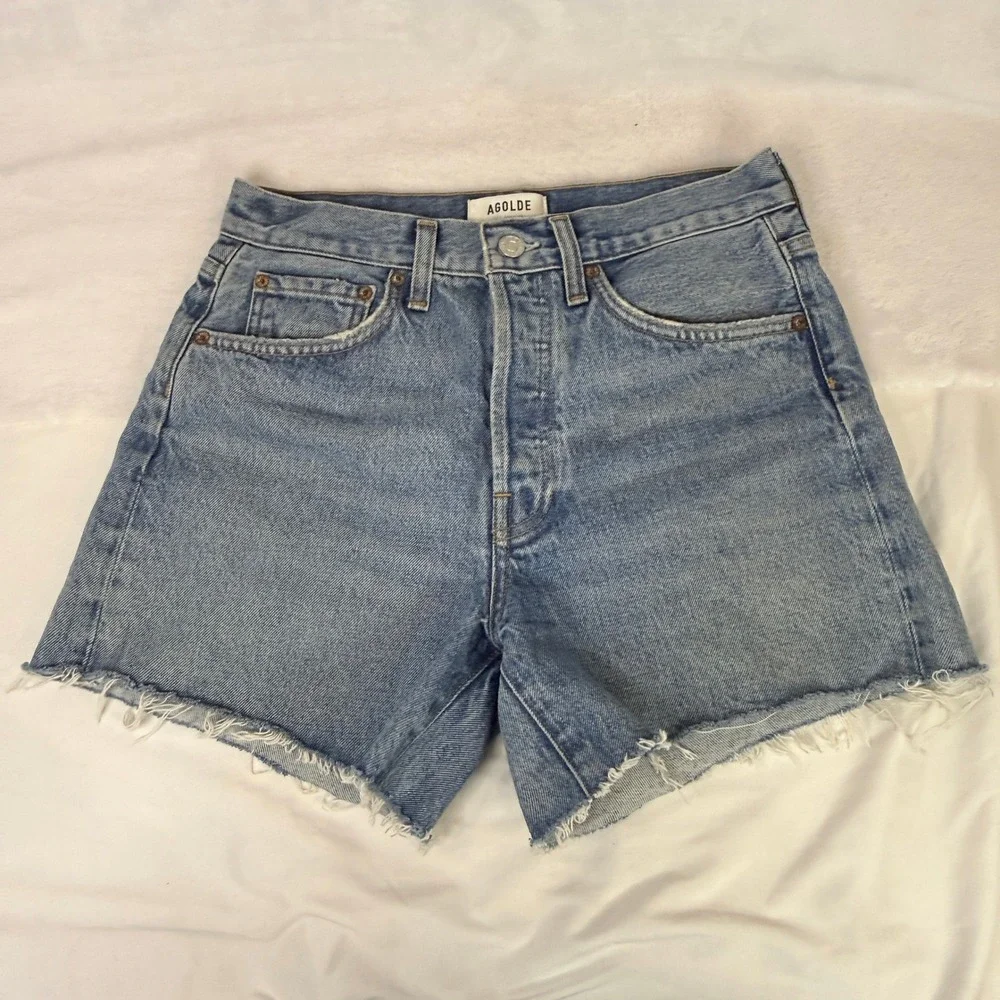 AGOLDE Parker Long Shorts 25 Light Wash Raw Hem Organic Cotton 4